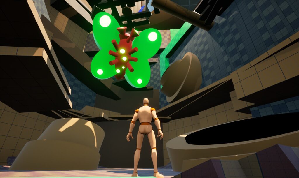 A boss fight capture from the Broken Fae blockout level. A generic player character mannequin stands inside a tree facing a giant fluorescent green and red moth.