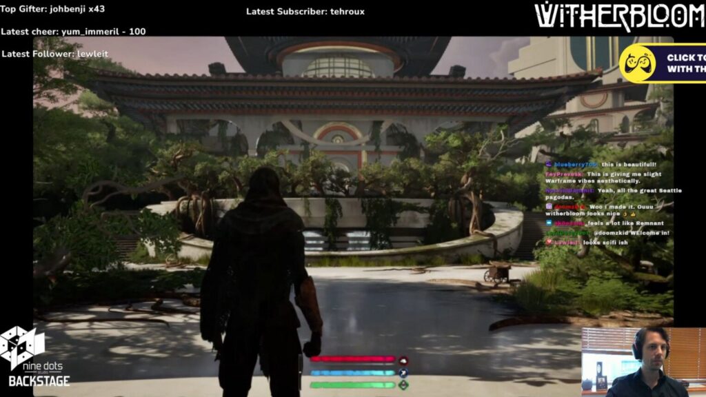 Screen Capture from a Witherbloom livestream on Twitch with the NineDots founder onscreen sharing footage of The Outpouring level.